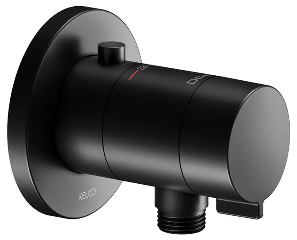 Schwarzes Thermostat von Keuco mit runder Abdeckung und einem Bedienknopf zur Temperatureinstellung. Anschlussstück für einen Schlauch befindet sich an der Unterseite.